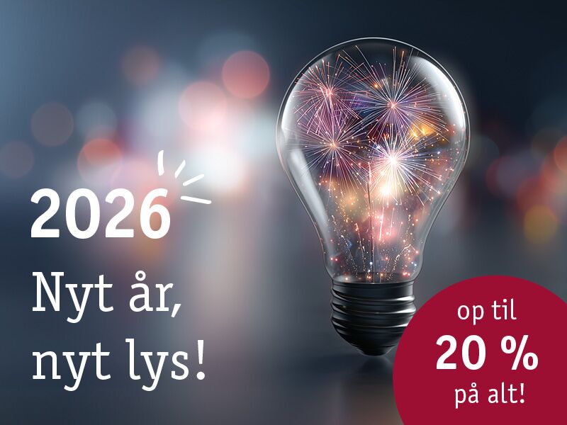 Lysende pære med fyrværkeri og tekst om nytår 2026 og lys tilbud