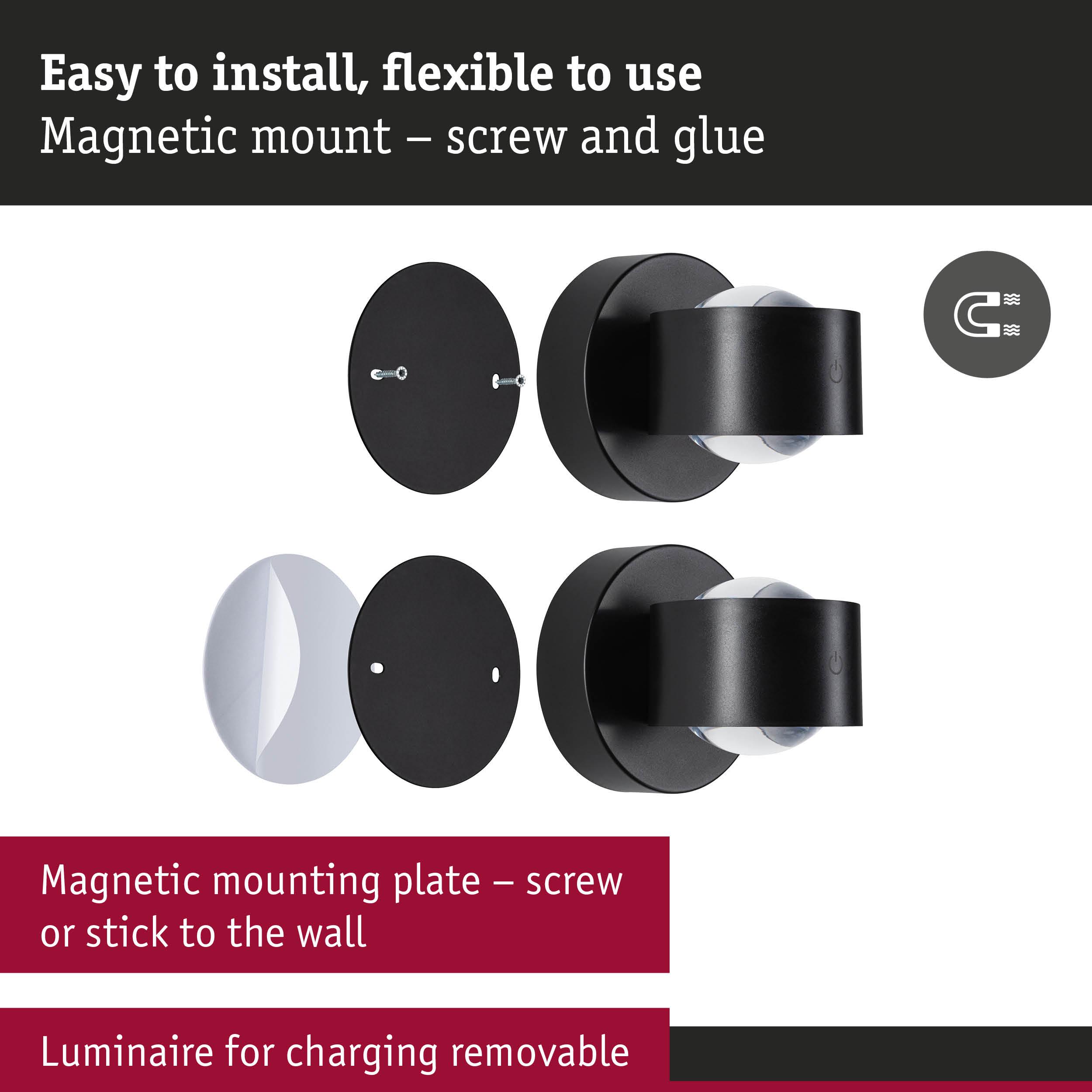 Black magnetic mounting plate with screws and adhesive for removable charging luminaire