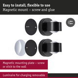 Black magnetic mounting plate with screws and adhesive for removable charging luminaire