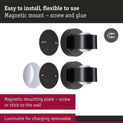 Black magnetic mounting plate with screws and adhesive for removable charging luminaire