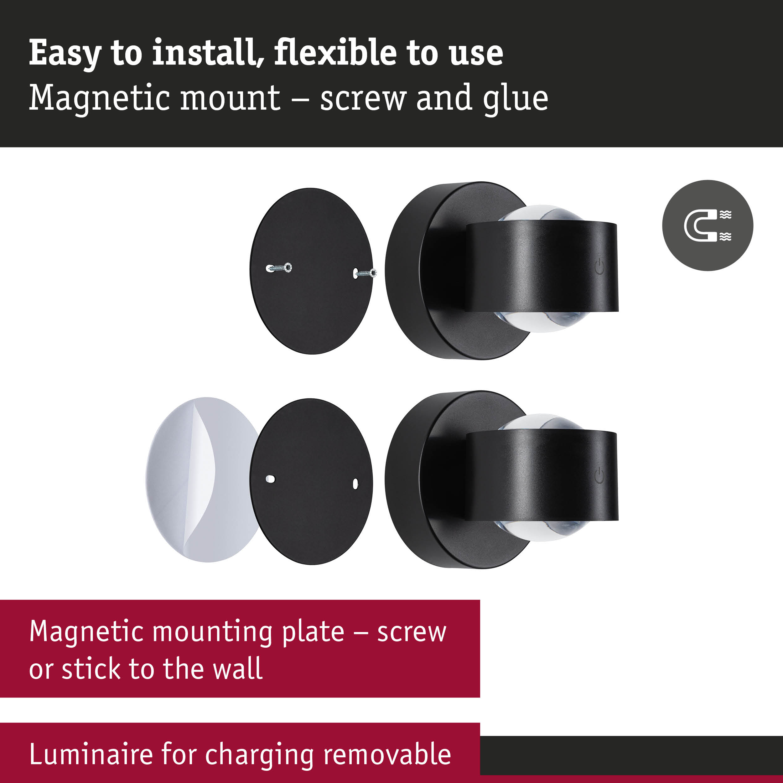 Black metal magnetic wall mount with screws and adhesive pad for flexible installation and charging station
