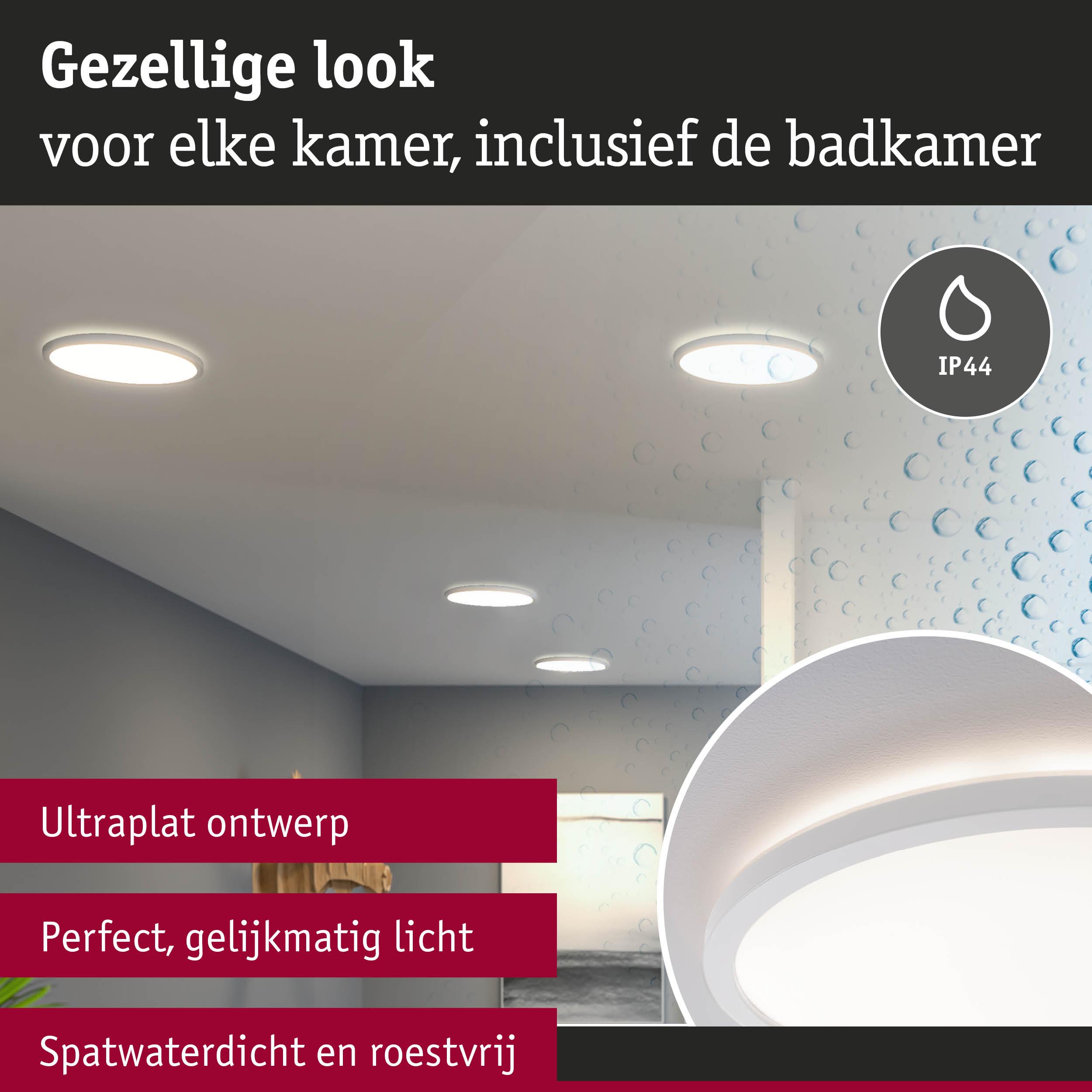 Ultraplatte witte LED-plafondlamp met gelijkmatig licht, spatwaterdicht en roestvrij voor badkamergebruik.