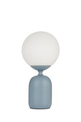 Modern table lamp with matte blue metal base and white glass shade for living spaces