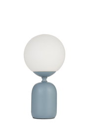 Modern table lamp with matte blue metal base and white glass shade for stylish home lighting
