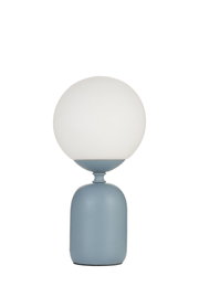 Modern table lamp with matte blue metal base and white glass shade for stylish home lighting