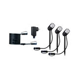 Zwarte LED-buitenspots met grondpennen, kabel en adapter voor tuinverlichting