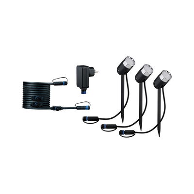 Zwarte LED-buitenspots met grondpennen, kabel en adapter voor tuinverlichting