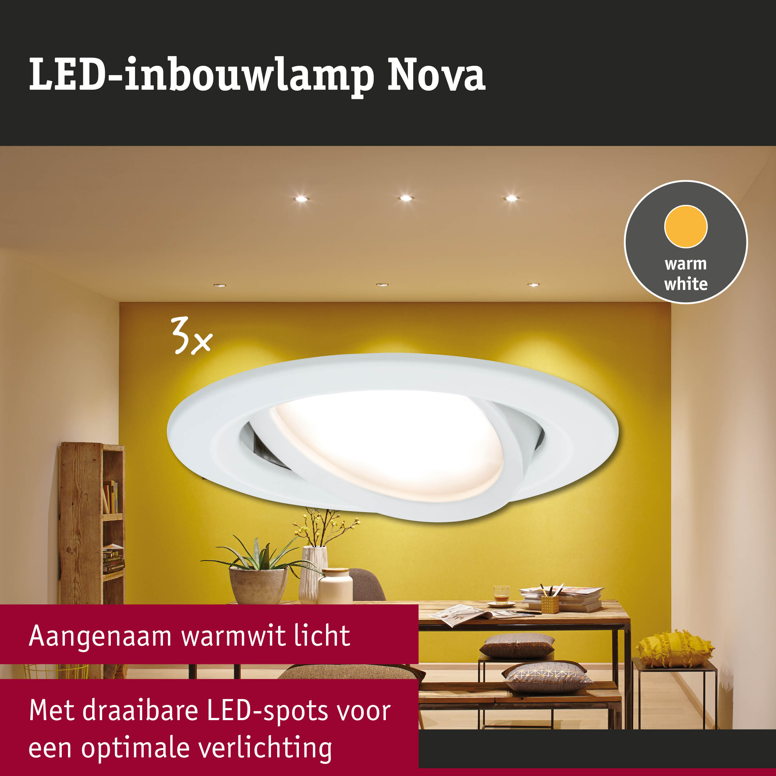 Witte LED-inbouwlamp Nova met warmwit licht en draaibare spots voor optimale verlichting