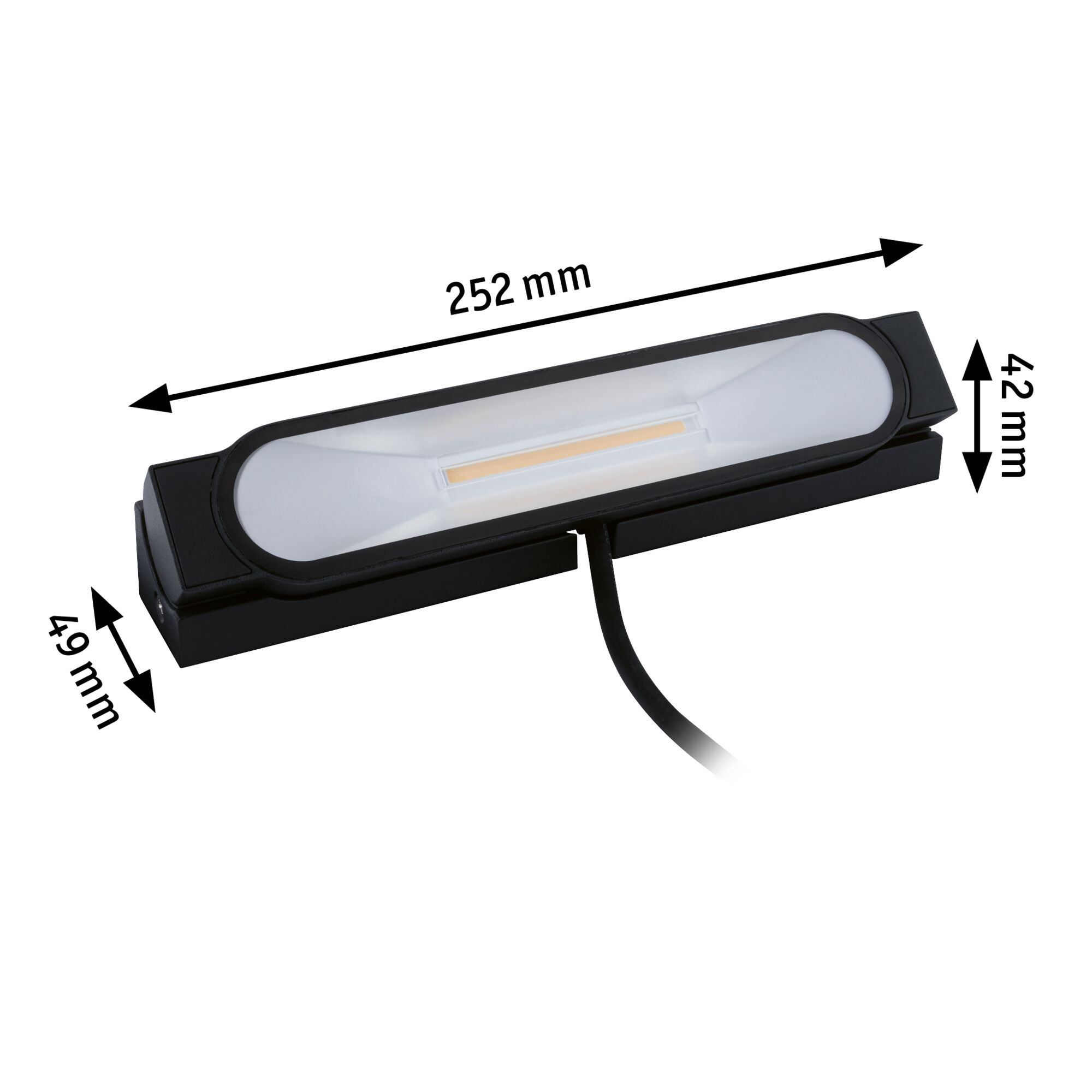 Schwarze LED-Leuchte mit Abmessungen 252x49x42 mm, modernes Design für Innenbeleuchtung