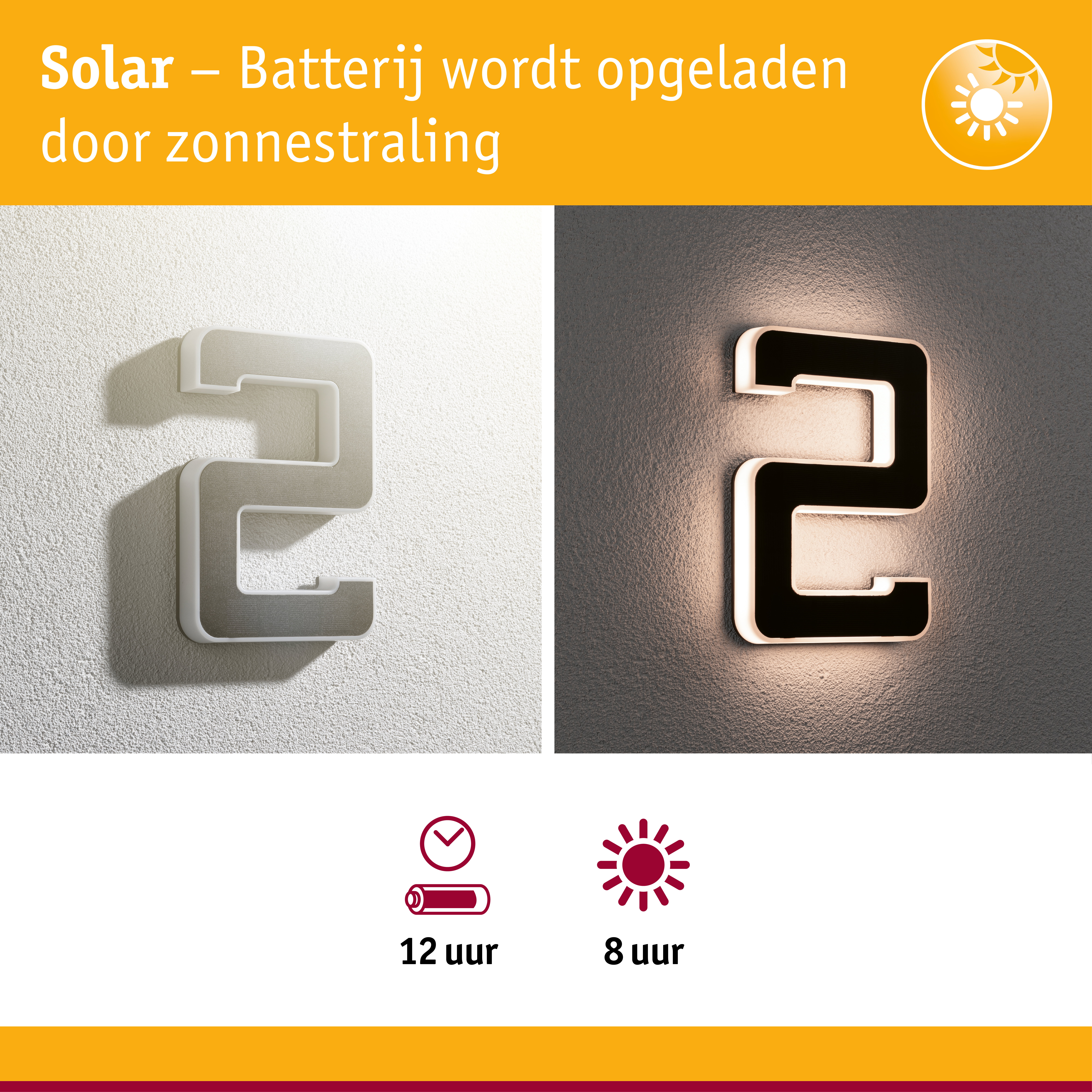 Zonne-energie huisnummer 2 van wit en zwart kunststof met LED-verlichting voor buitenmuren