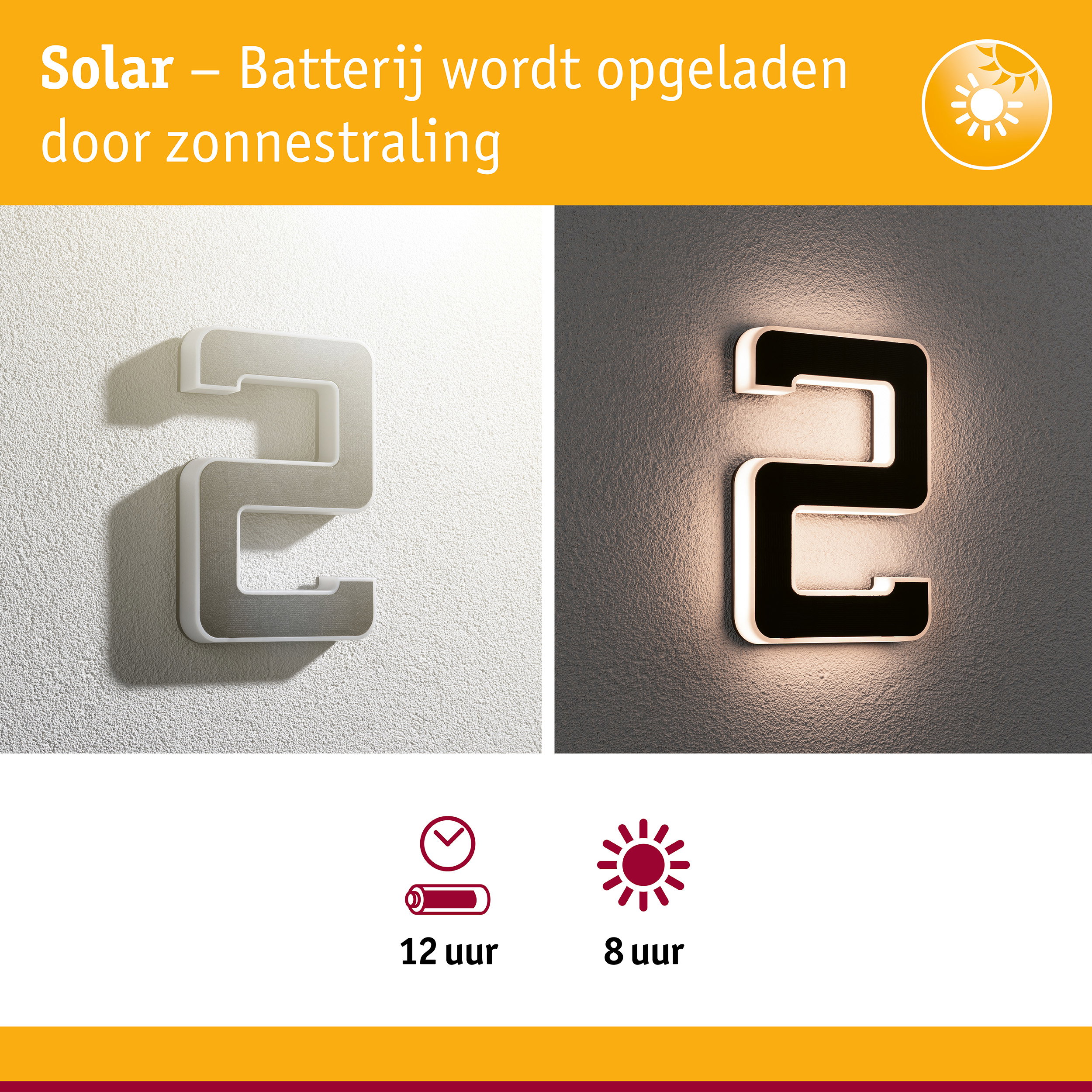 Zonne-energie huisnummer 2 van wit en zwart kunststof met LED-verlichting voor buitenmuren