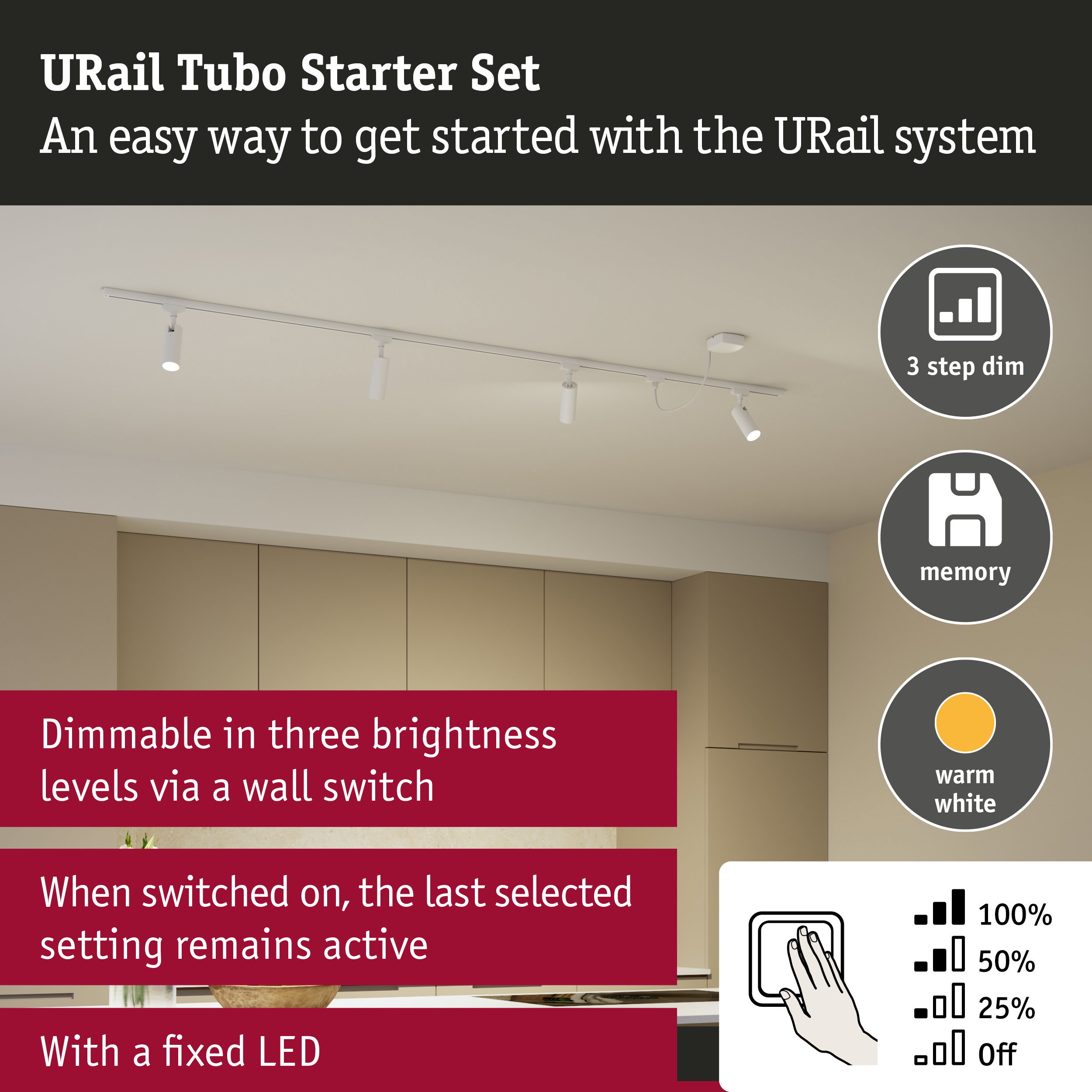 URail Rail spot Tubo Starter set 4x150lm 4x4W 3000K dimmable 230V Signal white