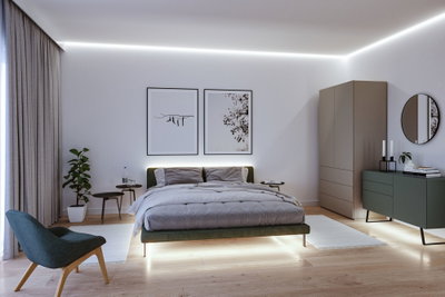 Modern bedroom with LED strip lighting, green bed with grey bedding, wooden floor and minimalist decor
