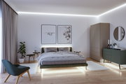 Chambre moderne avec éclairage LED, lit vert et literie grise, sol en bois et décoration minimaliste
