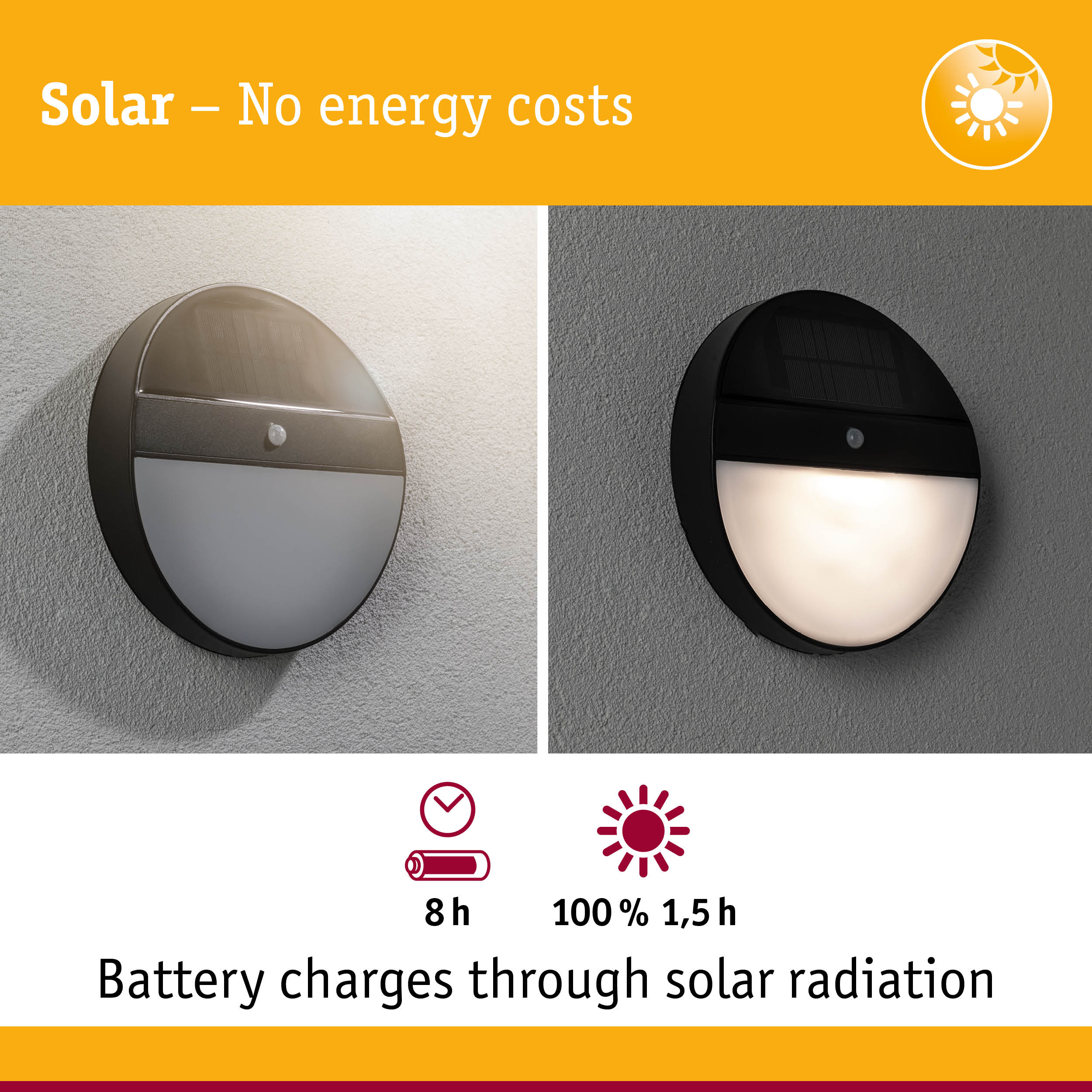 Round black solar wall light with motion sensor and energy-saving LED illumination