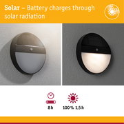 Round black solar wall light with motion sensor and energy-saving LED illumination
