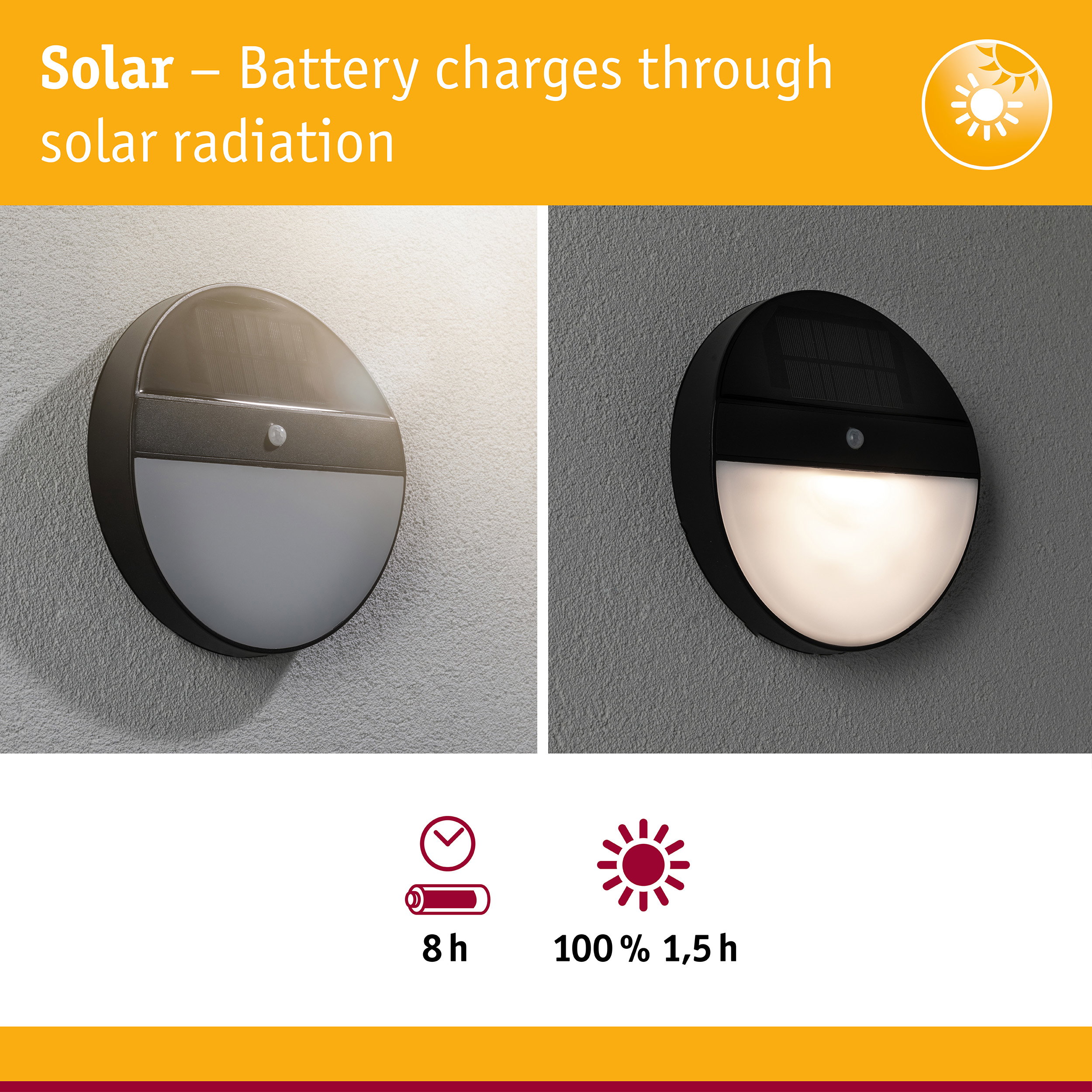 Round black solar wall light with motion sensor and energy-saving LED illumination