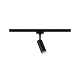 Black metal LED spotlight on track system, modern adjustable light for accent lighting