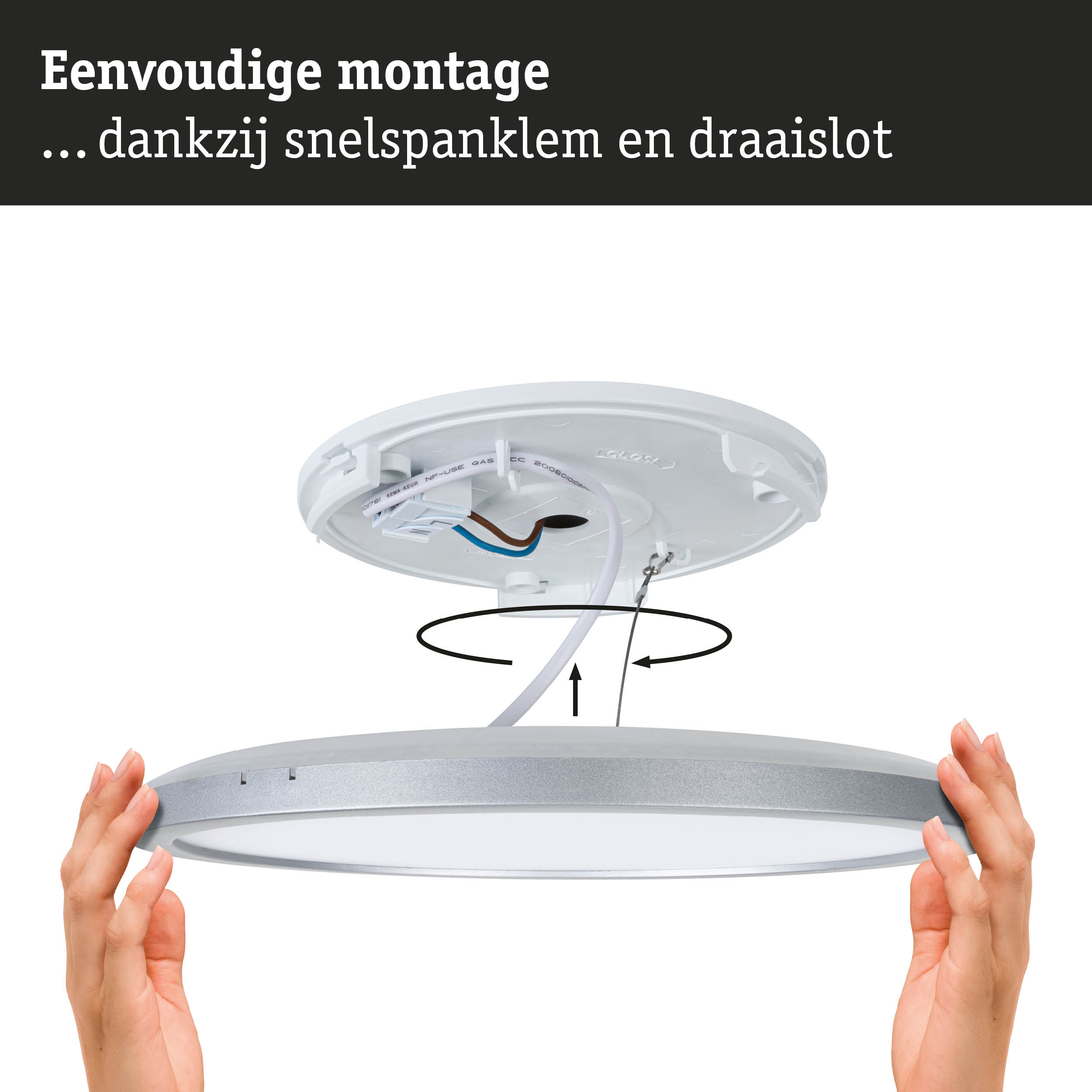 Witte ronde LED-plafondlamp met zilveren rand en eenvoudige montage dankzij snelspan klemmen