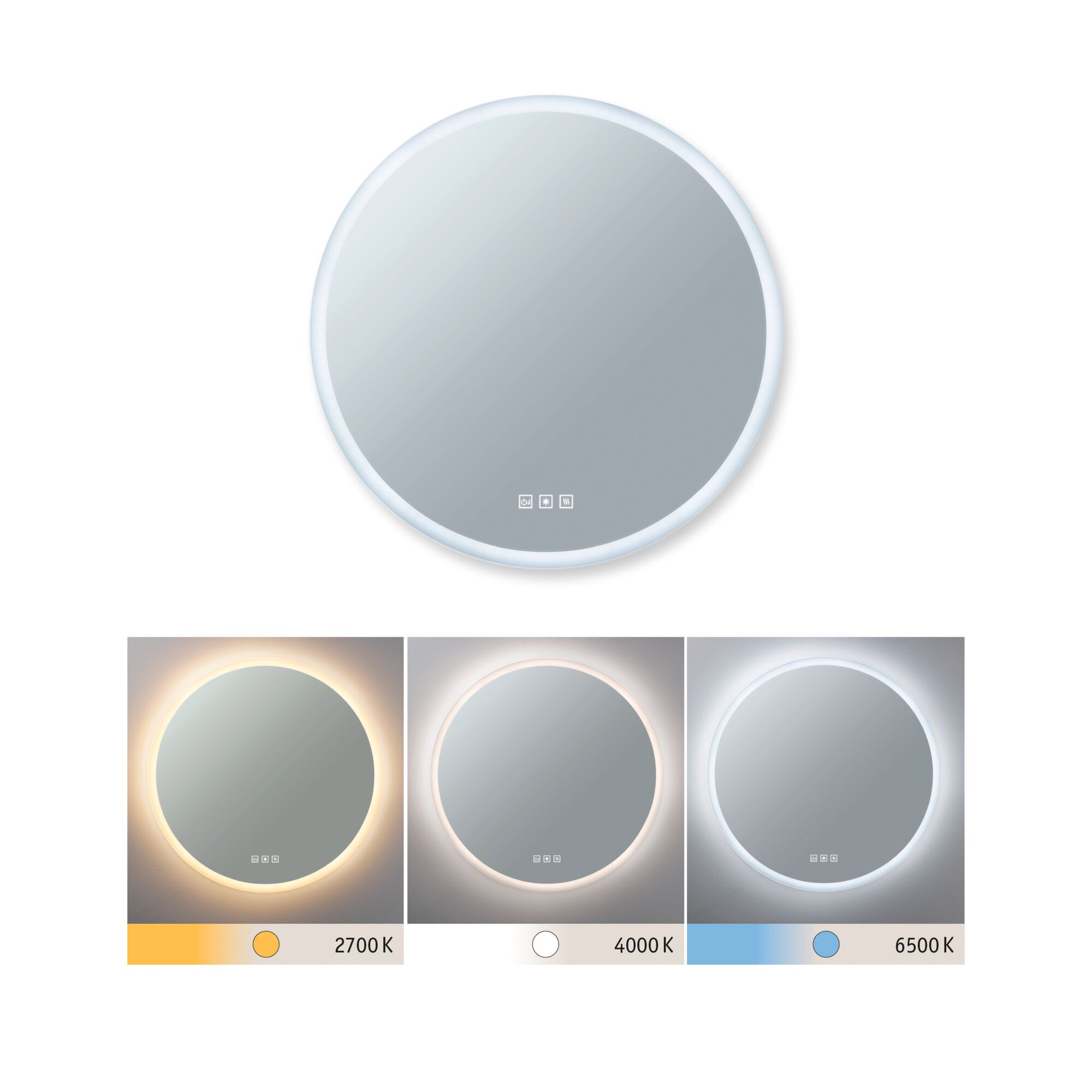 LED-verlichte spiegel Mirra IP44 White Switch 1580lm 230V 21W dimbaar Spiegel/Wit Ronde LED-spiegel met instelbare lichtkleuren 2700K, 4000K en 6500K voor badkamerverlichting