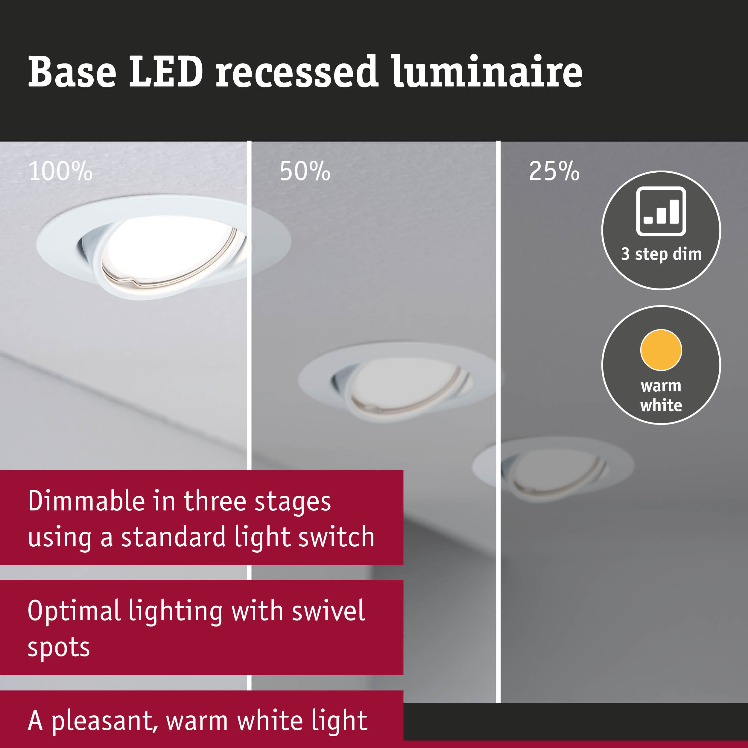 White LED recessed spotlight with dimmable warm white light and adjustable swivel spots