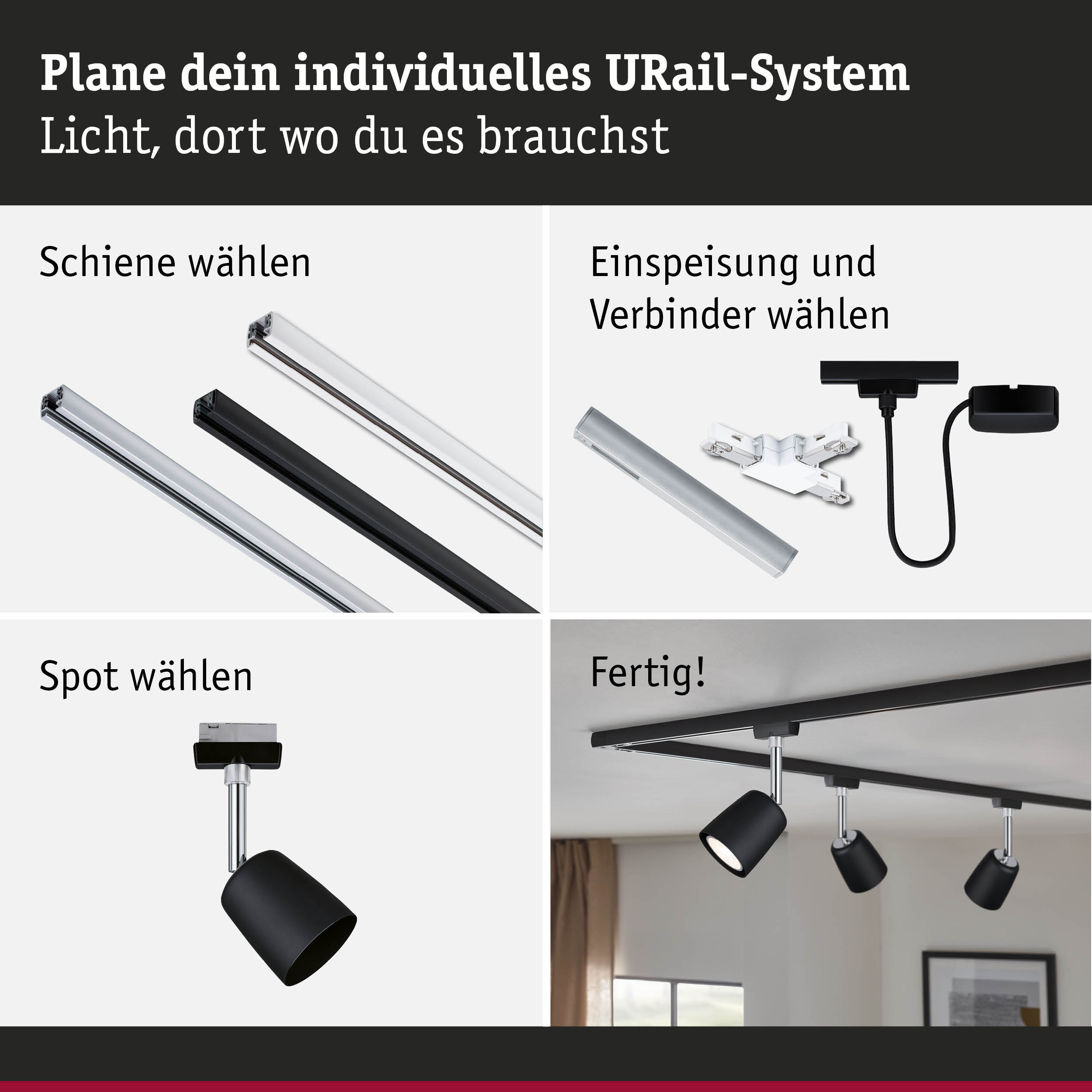 Modulares URail-Schienensystem mit schwarzen und weißen Schienen, Steckern und schwarzen Spots für flexible Beleuchtung