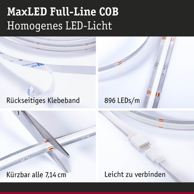 MaxLED Full-Line COB LED-Streifen mit rückseitigem Klebeband, 896 LEDs/m, schneidbar alle 7,14 cm, einfach verbindbar