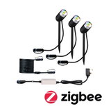 Three black LED garden spotlights with stakes and cables, including power supply, Zigbee compatible