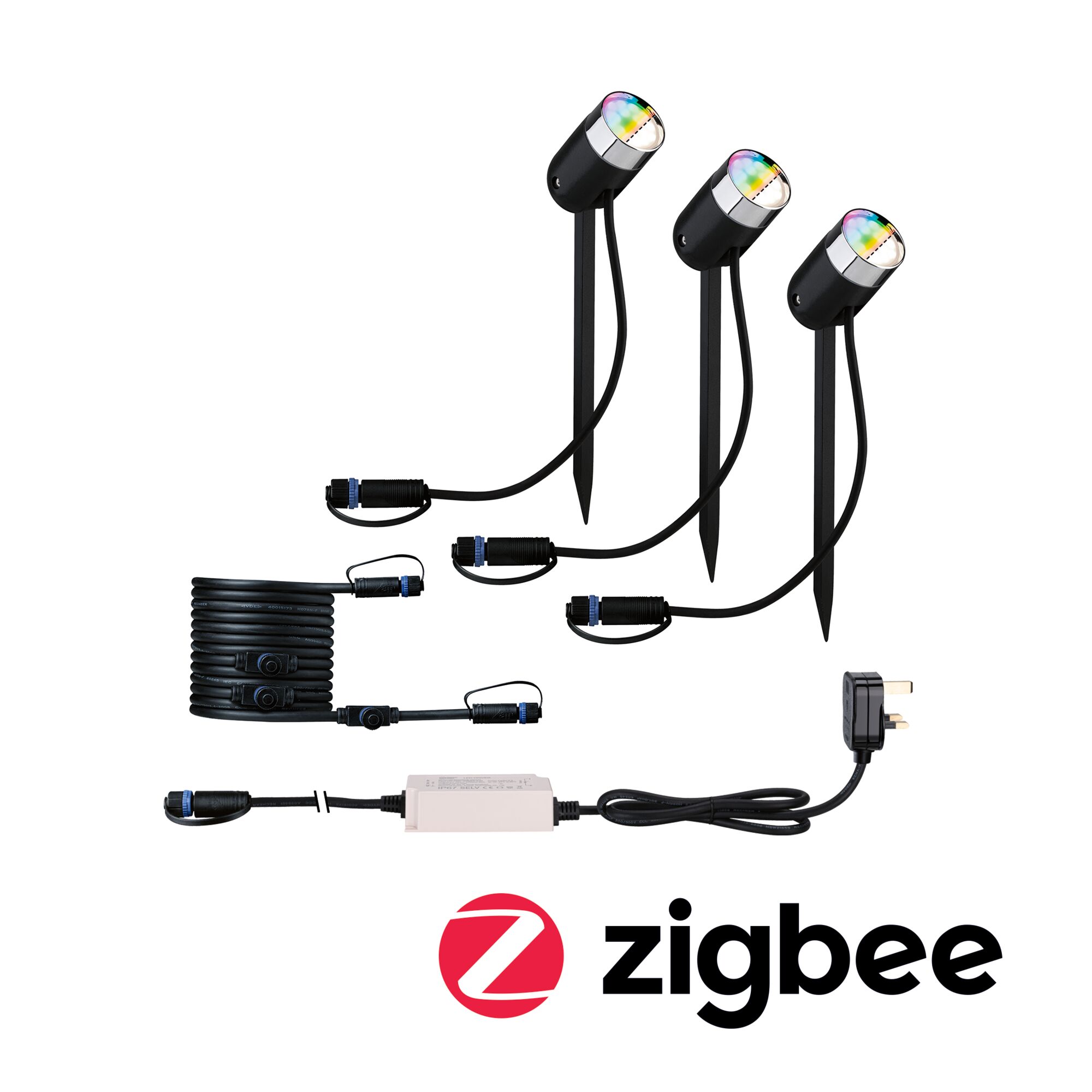 Plug & Shine LED Garden spotlight Pike IP65 RGBW+ 4,5W Anthracite Three black LED garden spotlights with stakes and cables, including power supply, Zigbee compatible