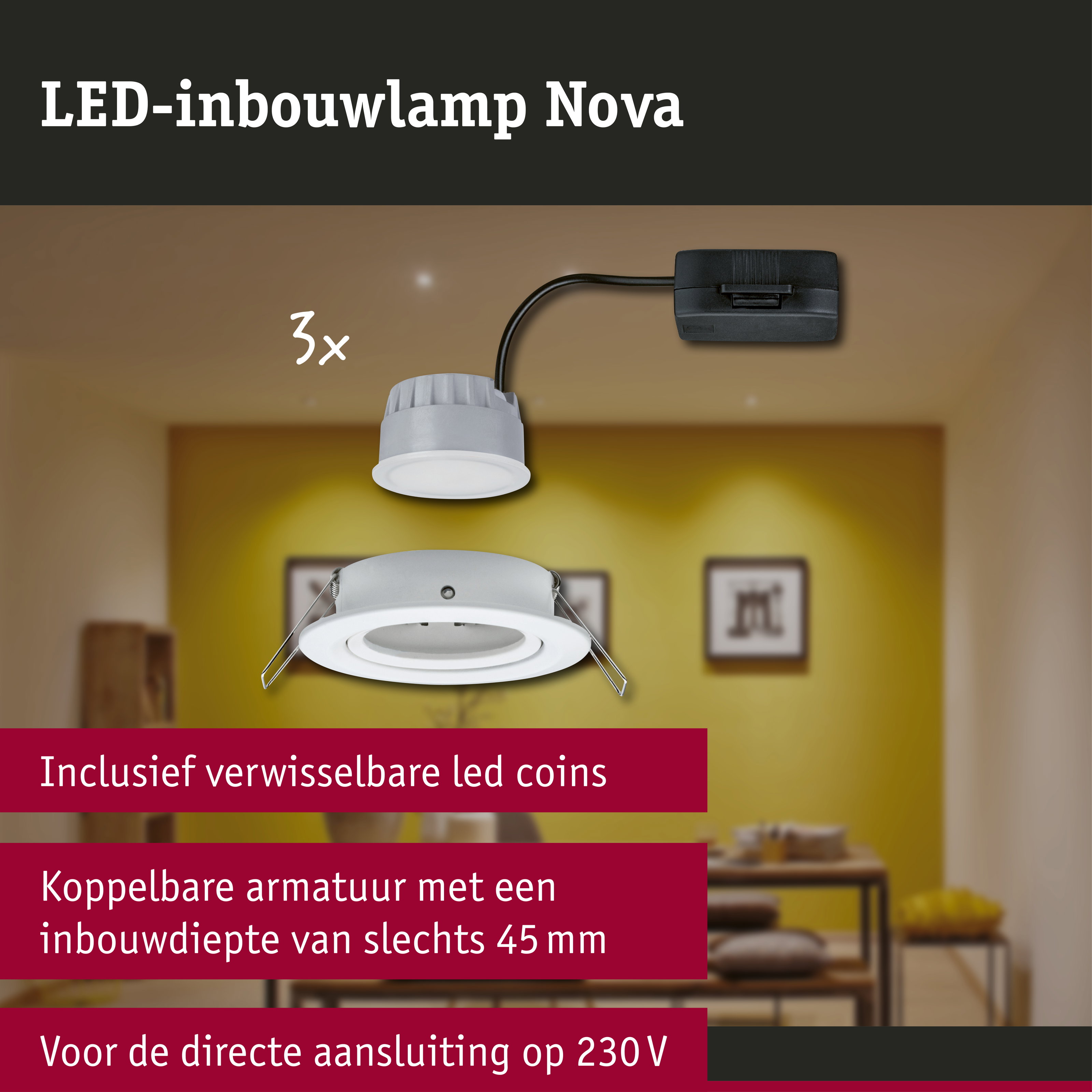 LED-inbouwlamp 3-Step-Dim Nova Coin Basisset zwenkbaar rond 84mm 50° Coin 3x6W 3x470lm 230V dimbaar 2700K Wit mat
