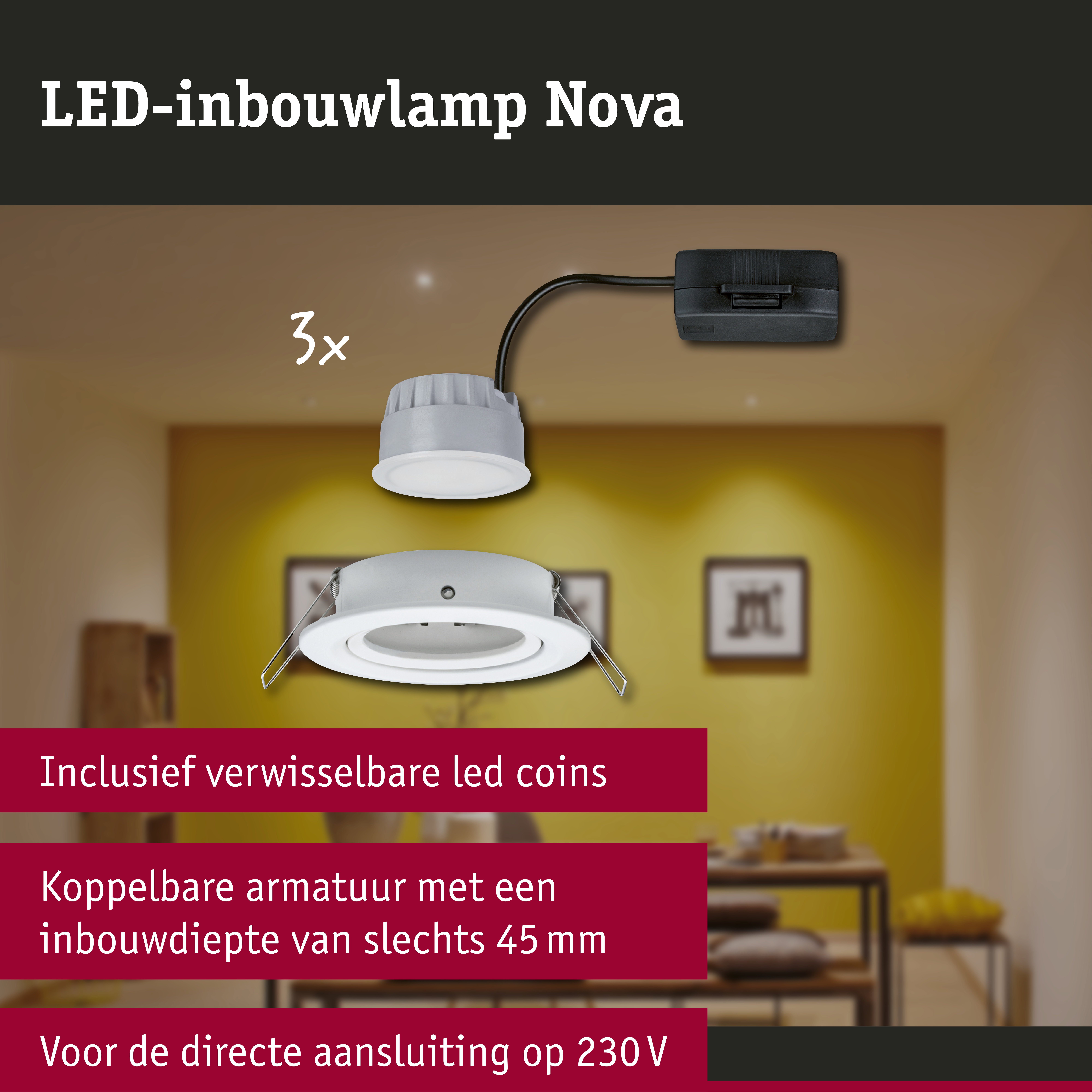 LED-inbouwlamp 3-Step-Dim Nova Coin Basisset zwenkbaar rond 84mm 50° Coin 3x6W 3x470lm 230V dimbaar 2700K Wit mat