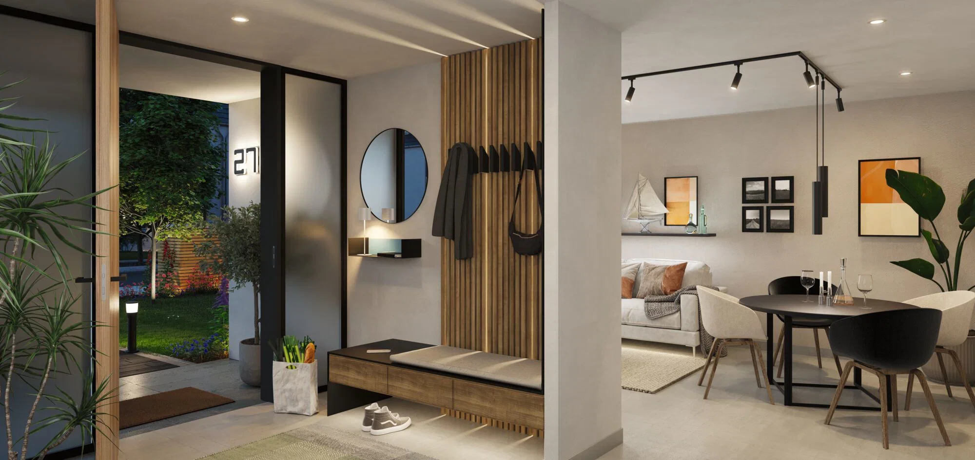 Modernes Wohnzimmer mit schwarzer LED-Schienenbeleuchtung und gemütlicher Essgruppe in neutralen Farben