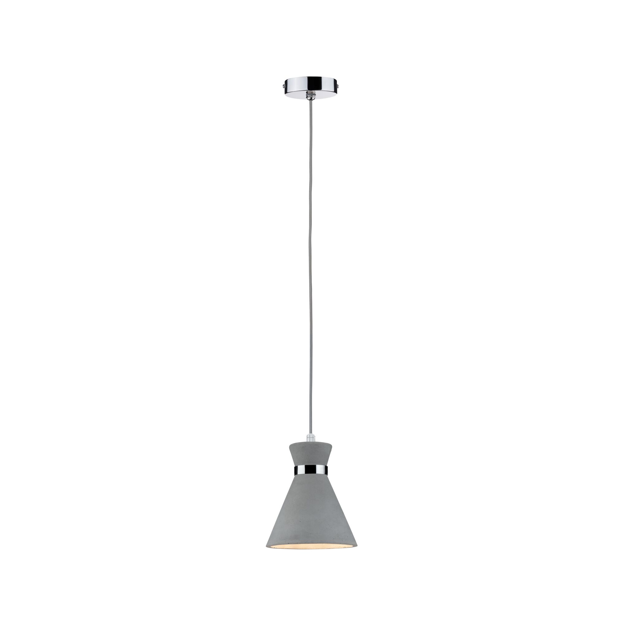 Modern pendant light in grey concrete with chrome ring and adjustable cable for living spaces