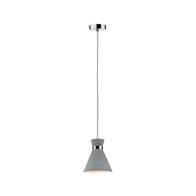 Moderne hanglamp van grijs beton met chromen ring en verstelbare kabel voor woonruimtes