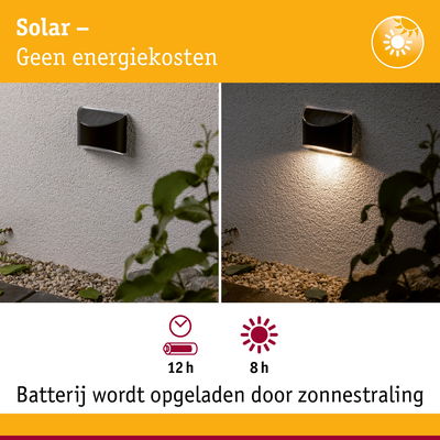 Zwarte solar wandlamp van kunststof met warm wit LED-licht en energiebesparende technologie