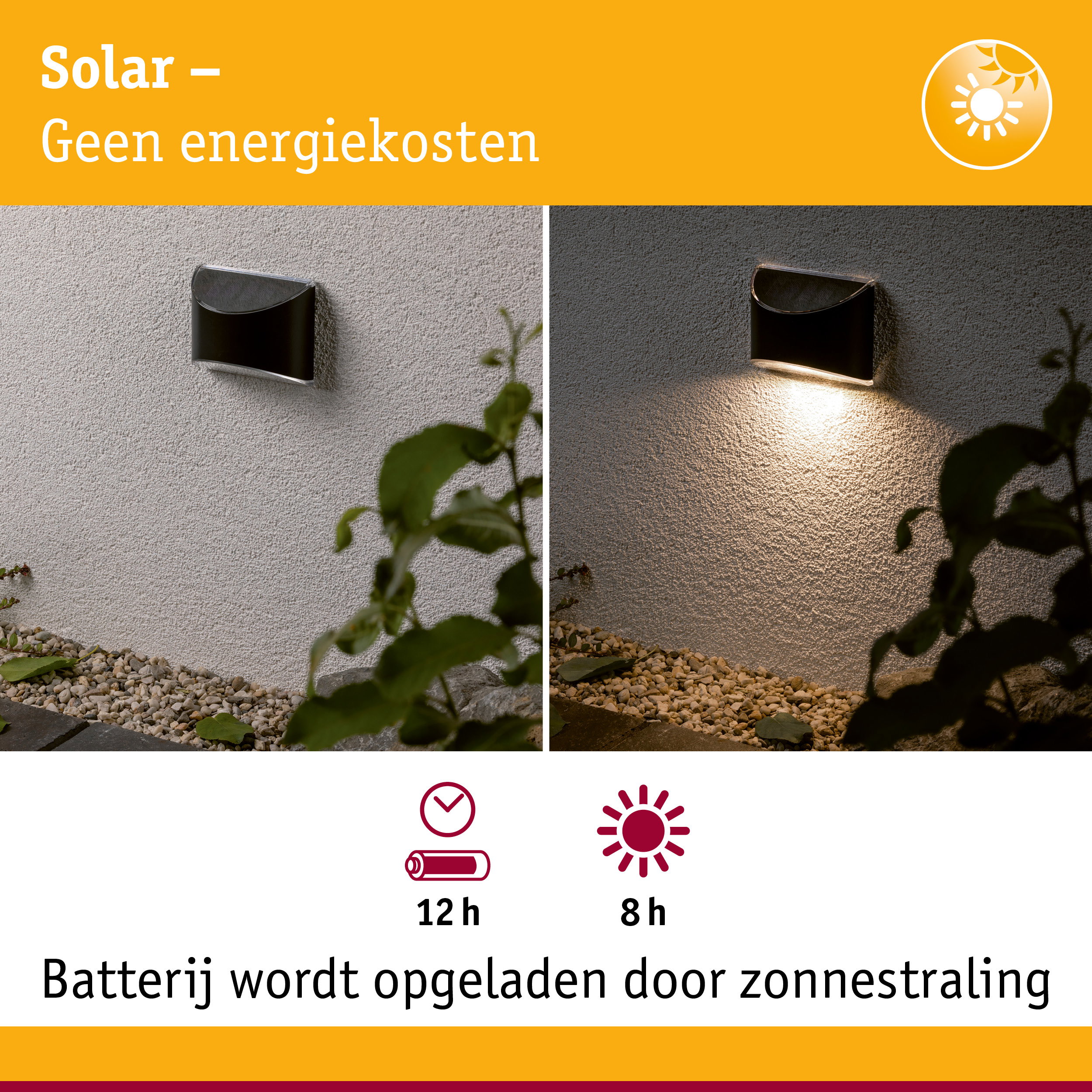 Zwarte metalen solar wandlamp op witte muur, dag- en nachtzicht met LED-verlichting
