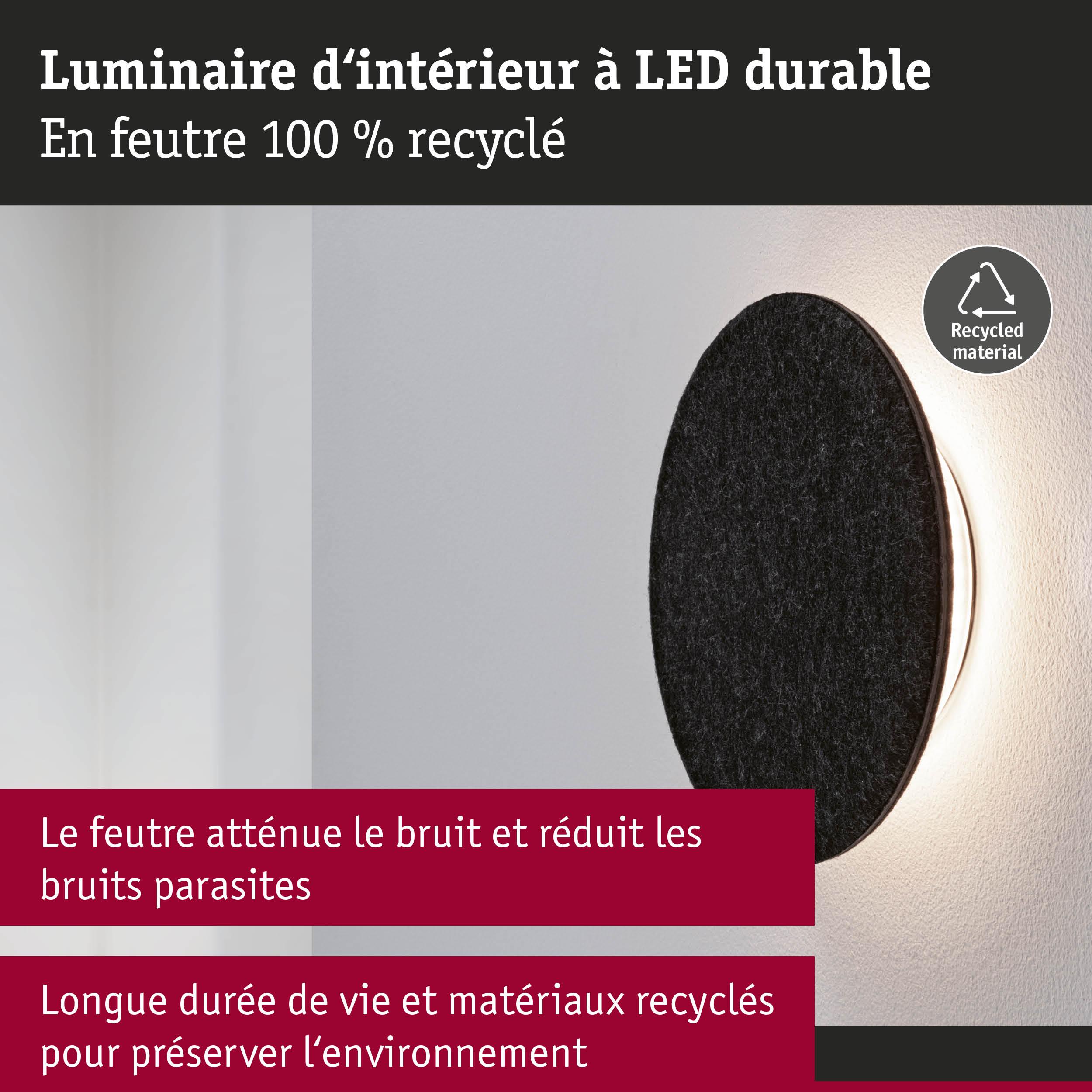 Luminaire mural LED rond en feutre noir 100 % recyclé avec lumière d'ambiance et design durable