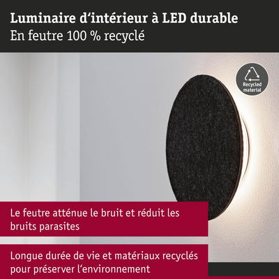 Luminaire mural LED rond en feutre noir 100 % recyclé avec lumière d'ambiance et design durable
