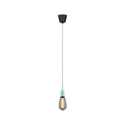 Pendant lamp with green plastic socket ring and black cable, vintage bulb emitting warm light