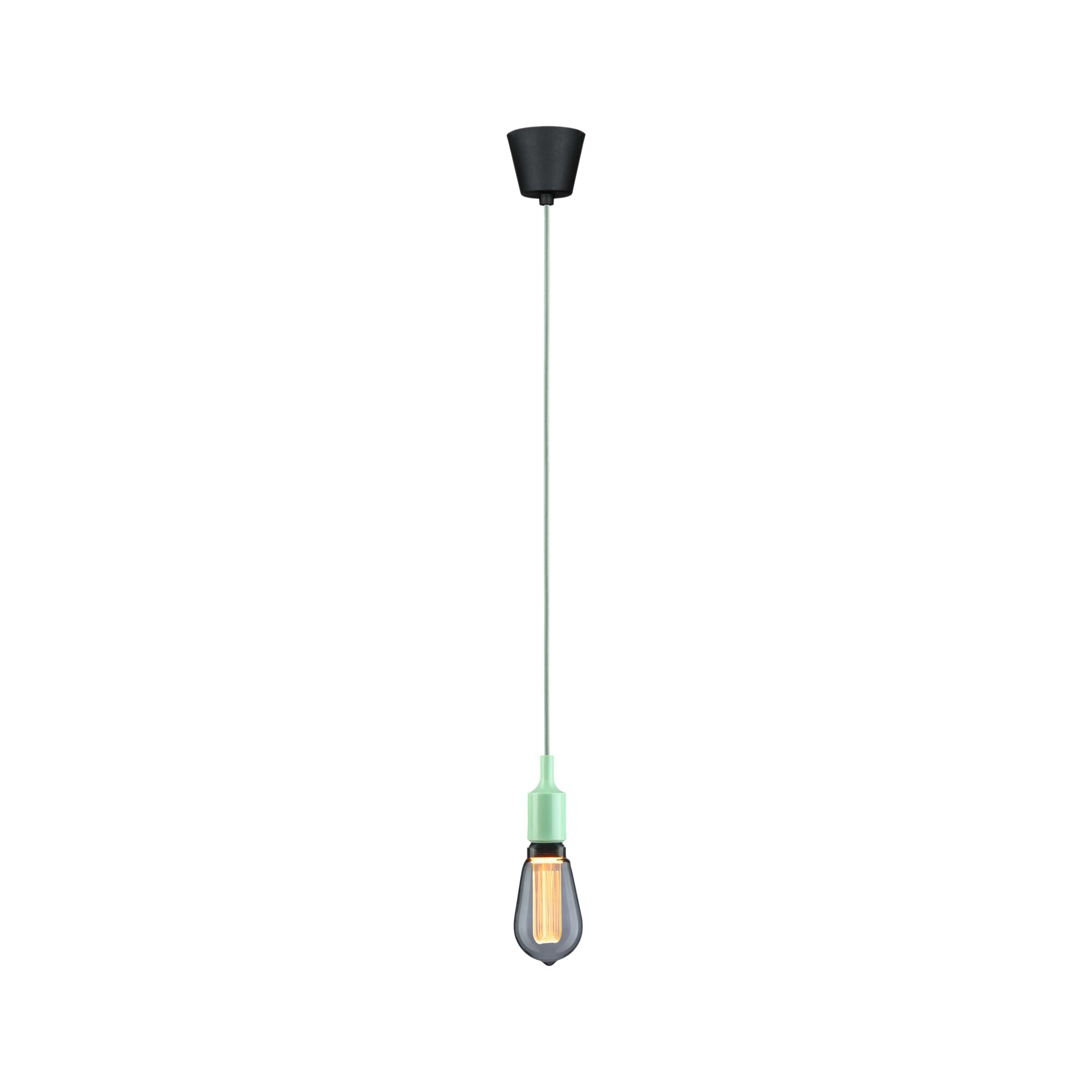 Hanglamp met groene kunststoffitting en zwarte kabel, vintage lamp met warm licht