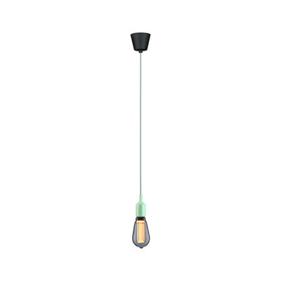 Hängelampe mit grünem Kunststofffassungsring und schwarzem Kabel, Vintage-Glühbirne mit warmem Licht