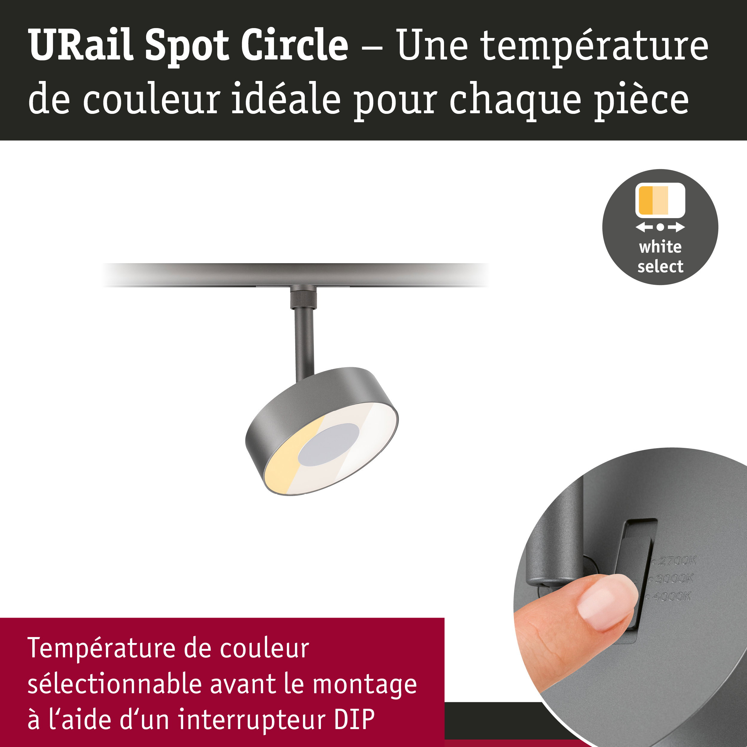 URail Spot sur rail Circle 160lm 3W White Select gradable 230V Titanium