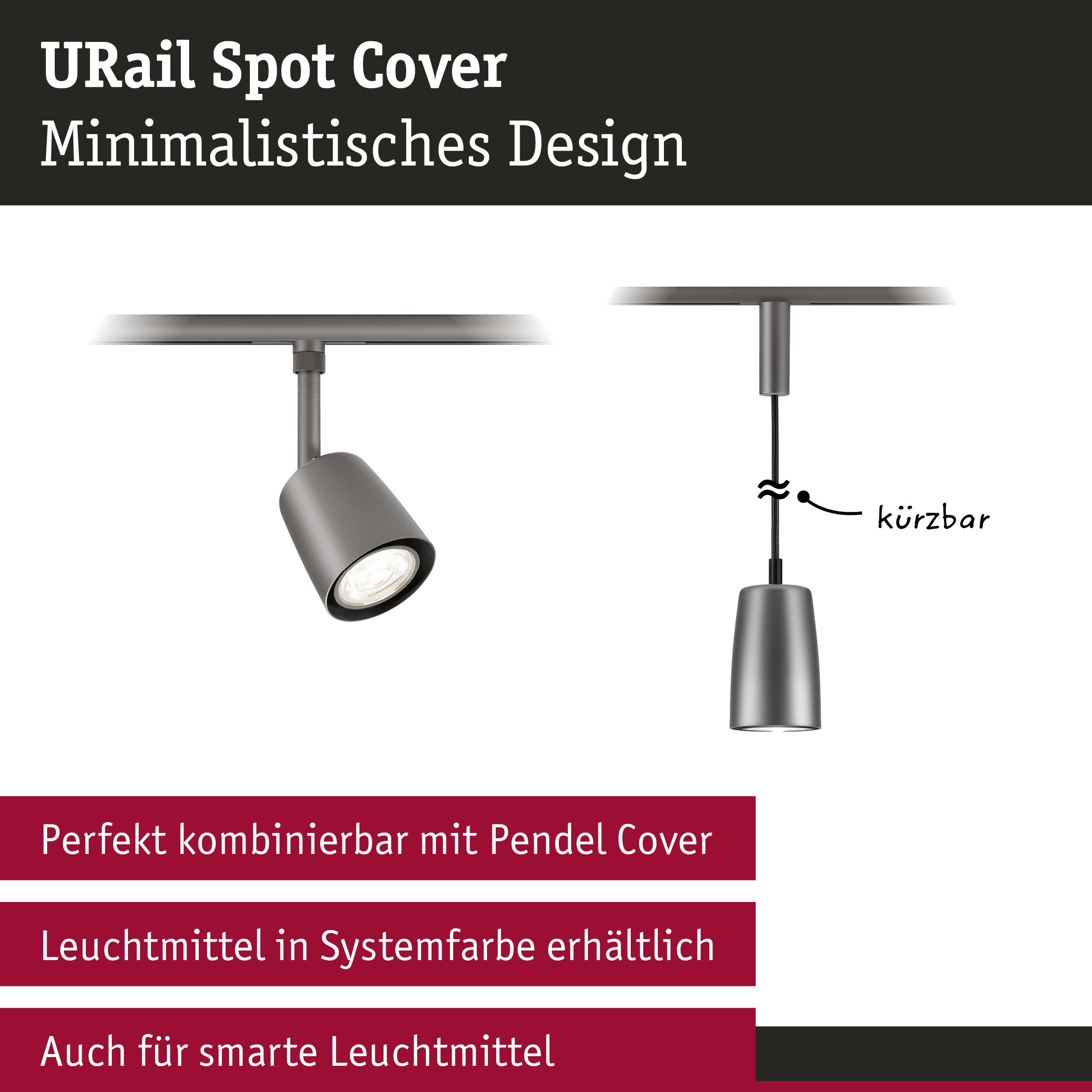 URail Schienenspot Cover Einzelspot GU10 max. 10W dimmbar 230V Titanium