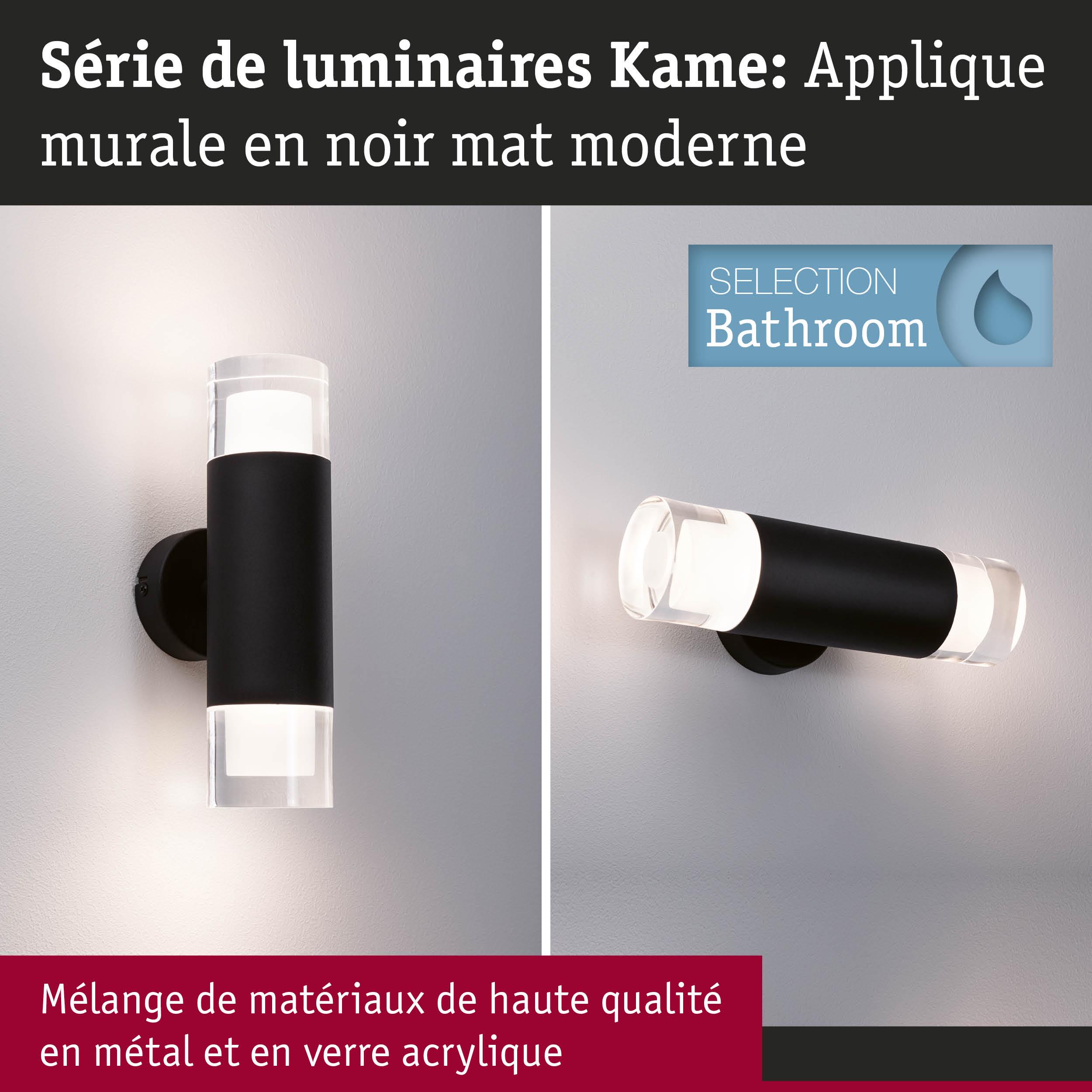 Applique murale Kame moderne en métal noir mat et verre acrylique pour éclairage de salle de bain