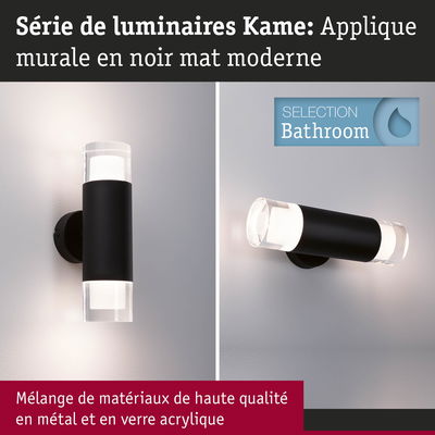 Applique murale Kame moderne en métal noir mat et verre acrylique pour éclairage de salle de bain