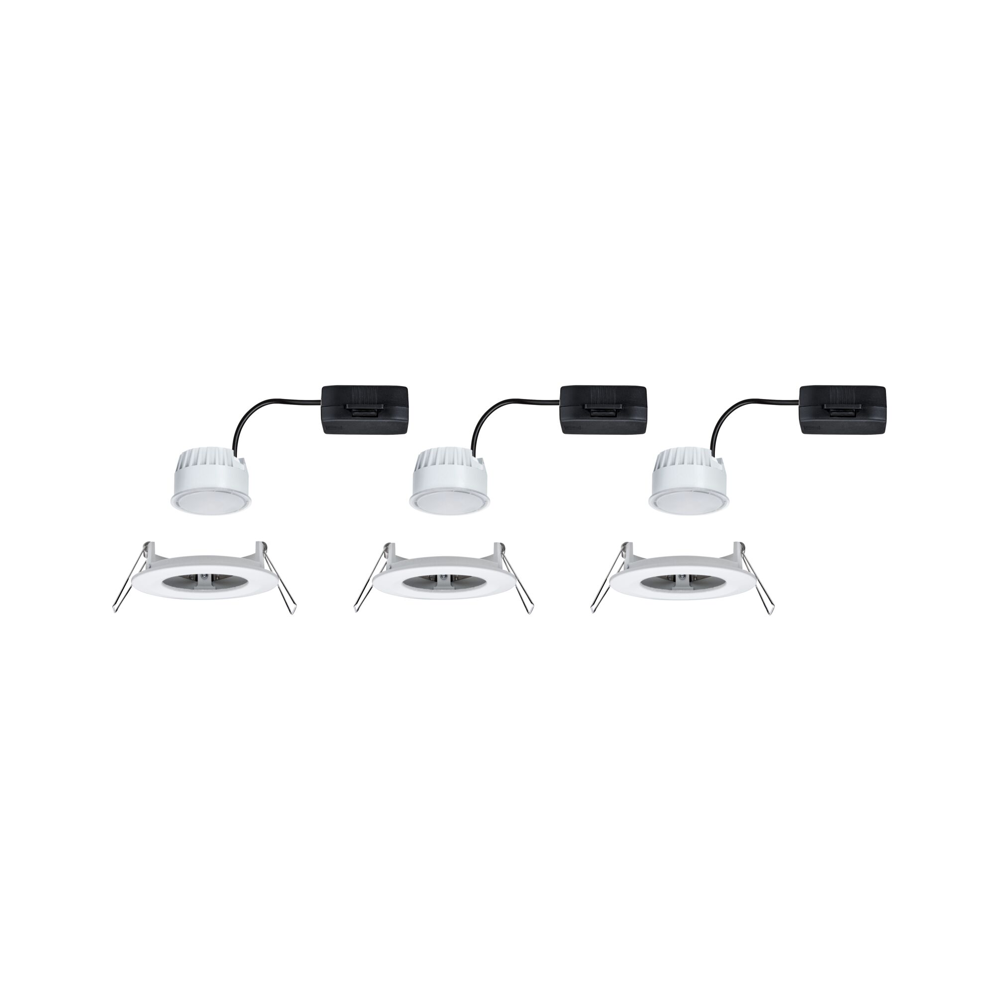 Three white LED recessed spotlights with black connector cable and mounting clips for ceiling installation