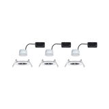 Three white LED recessed spotlights with black connector cable and mounting clips for ceiling installation