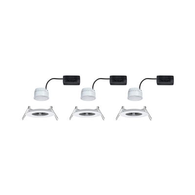 Three white LED recessed spotlights with black connector cable and mounting clips for ceiling installation