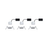Three white LED recessed spotlights with black connector cable and mounting clips for ceiling installation