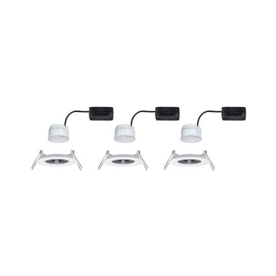 Three white LED recessed spotlights with black connector cable and mounting clips for ceiling installation